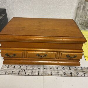 Vintage wooden Oak Jewelry Box Velvet Lined With Pull Out Drawer 13’ Wide 5.5 T